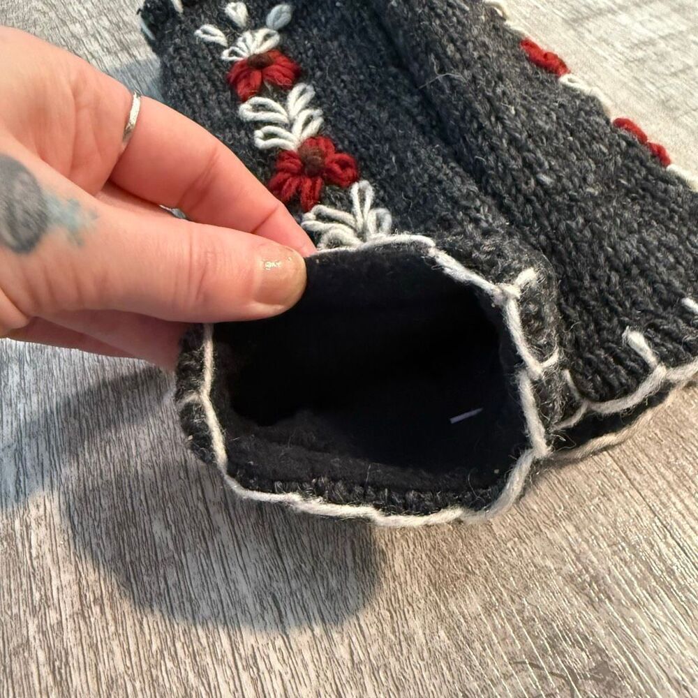 Vintage Y2K Floral Wool Lined Fingerless Grey Gray Gloves O/S Whipstitch - Picture 4 of 6